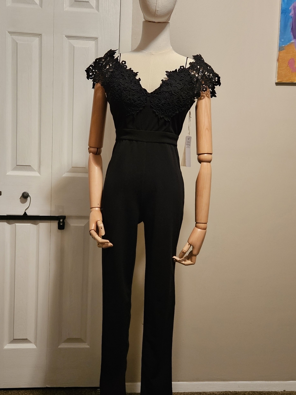 Iris Basic Black Lace Off The Shoulder Jumpsuit. Size S